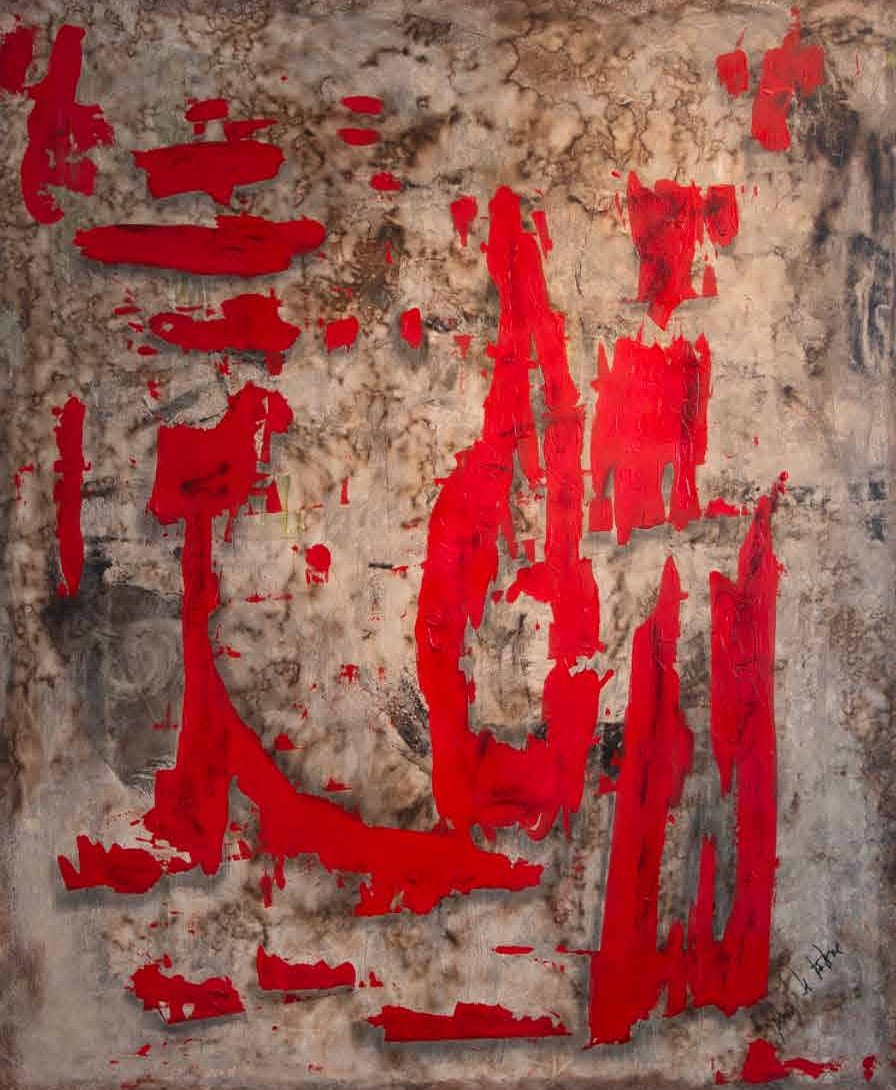 Grafía en rojo, técnica mixta con pátinas