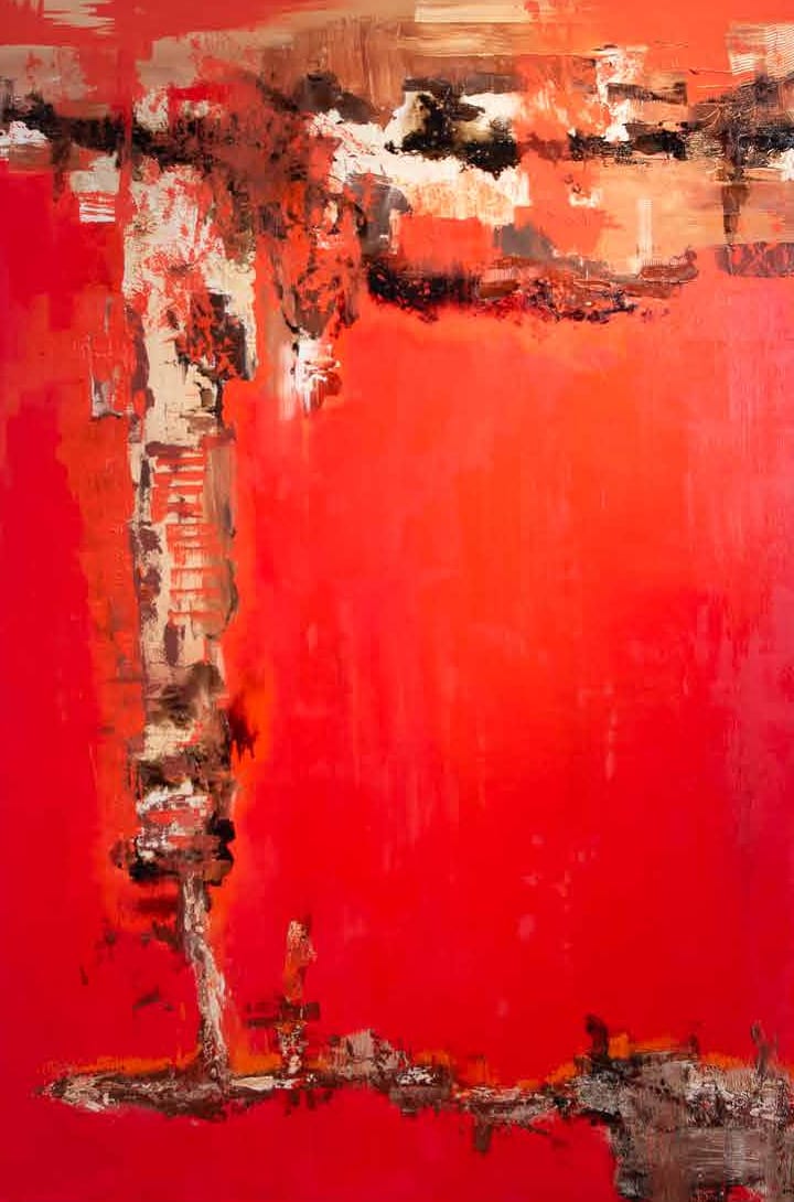Rojo profundo, técnica mixta con collage matérico